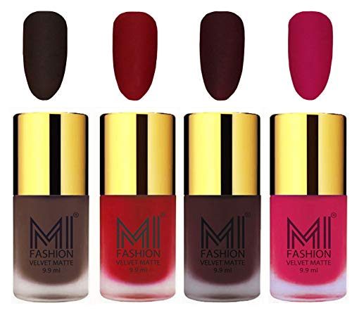 Image of MI FASHION Velvet Matte Nail Polish Combo Sets For Women Classic Touch, Lasting Style 9.9ml Coffee, Tomato Red, Wine, Pink (Pack Of-4)