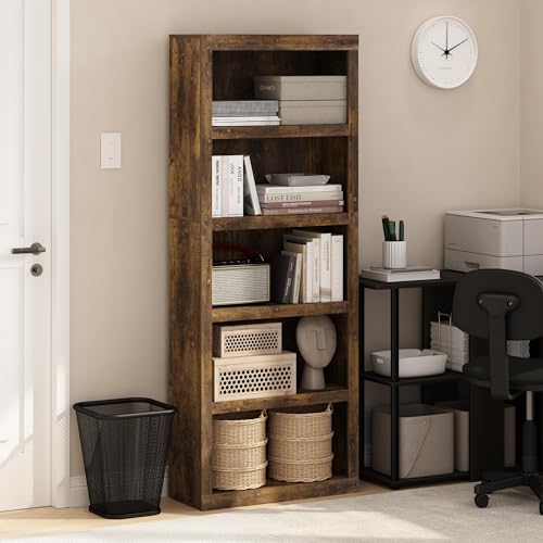 Image of Furinno Rail Book Shelf, 5-Tier Bookshelf with Open Shelf, Bookcase with Classic Style Edges, 10 x 24.6 x 63.5, for Organization and Storage, for Living Room, Bedroom, Home Office, Amber Pine