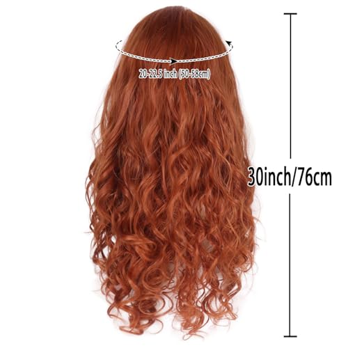 Image of 30 Inch Long Copper Red Curly Wig with Bangs Merida Costume for Women