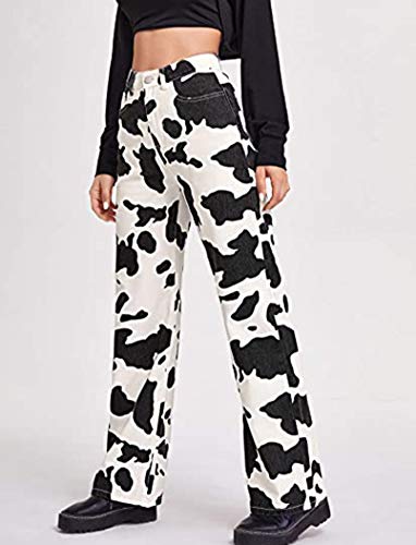Y2K Women High Waisted Skinny Straight Leg Jeans Color Block Denim Pants Patchwork Classic Streetwear Baggy Trouser (Cow Print-A, Medium) #TOP2
