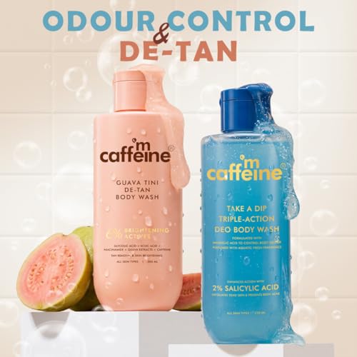Image of mCaffeine Take a Dip Deo Body Wash with Mandelic and Salicylic Acid Keeps You Odour-Free for up to 6 Hours & Guava Tini 6% Brightening Actives De-Tan Body Wash Reduces Tan, Brightens Skin