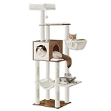 Feandrea Cat Tree, 65-Inch Tall Cat Tower, Multi-Level Cat Condo with Cave, Basket, Hammock, Pompom, Scratching Posts, Honey Brown UPCT118K03