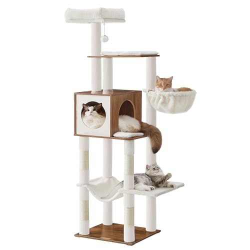 Feandrea Cat Tree, 65-Inch Tall Cat Tower, Multi-Level Cat Condo with Cave, Basket, Hammock, Pompom, Scratching Posts, Honey Brown UPCT118K03