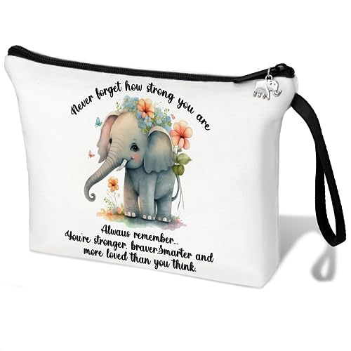 Elephant Makeup Bag,Elephant Gifts for Women Never Forget How Strong You Are Elephant Inspirational Gifts Zipper Travel Organizer Bag,Birthday Gifts for Elephant Lovers (White elephant makeup bag)