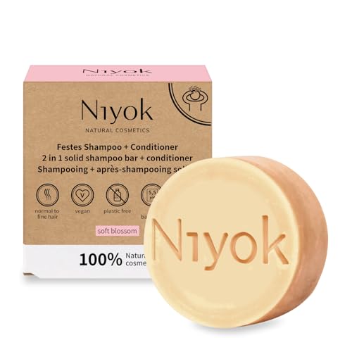Niyok® Shampooing Solide 2-en-1 Soft Blossom (80g) • Soin Capillaire Vegan & Naturel • Après-Shampooing Inclus • 100% Cosmétique Naturel • Sans Plastique