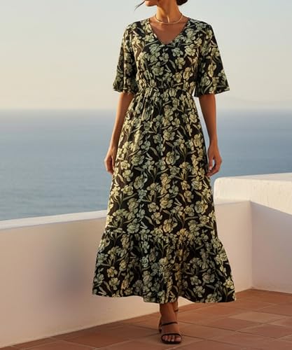 Image of Women's Summer Short Sleeve Maxi Floral Flowy Dresses with Pockets