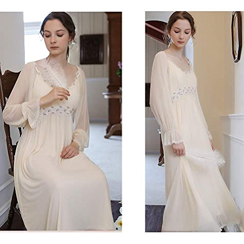 Womens' Sheer Princess Nightgown Embroidery Victorian Sleepwear Vintage Nightdress Lace Pjs Nightdress Housewear (Apricot, Medium) #TOP2
