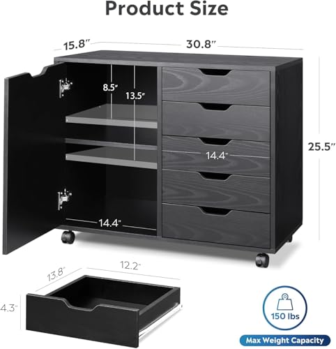 Image of 5-Drawer Wood Drawer Cabinet, Office Storage Cabinet with Adjustable Shelf & Wheels, Printer Stand for Home Office, Black, 15.7 inch D x 30.7 inch W x 25.4 inch H