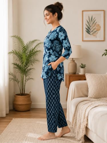 Image of Women's Cotton Night Suit Set, Printed Top and Pyjama, Casual Loungewear Sleepwear for Womens Girls