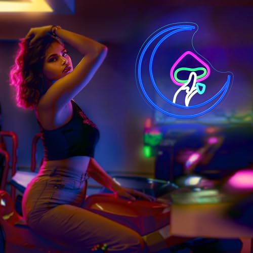 Image of Mushroom Moon Neon Sign, JGHTURIE Cute Led Neon Signs for Wall Decor Blue Light Up Sign for Room, Living Room, Home, Bar Signs, Party, USB Powered