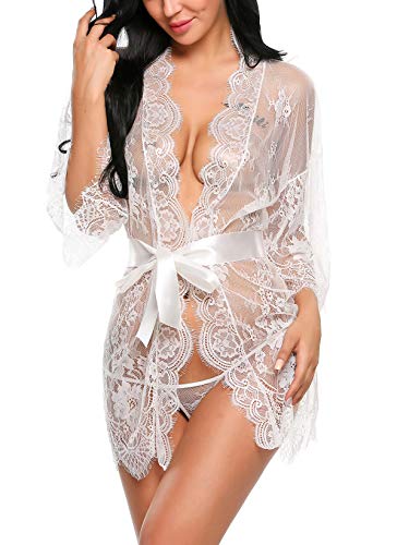Avidlove Women's Lace Kimono Robe Babydoll Lingerie Mesh Nightgown Cover Ups Sheer Gown Nightwear White S #TOP6