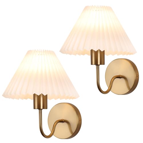 Image of Brushed Brass Wall Sconces Sets of 2 With White Pleated lampshade, Indoor Gooseneck Gold Wall Lamp Lighting, Bathroom Dresser Hardwired sconces wall decor Fixture for Living Room Bedroom Dining Room