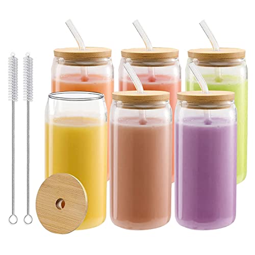 Copos de bebida com tampas de bambu e canudos de vidro 540 ml, copo de vidro em forma de lata, copo