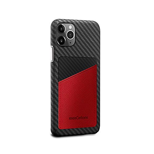monCarbone Carbon Fiber - Pocket Wallet Case Real Genuine Leather 100% Ballistic Fiber Minimalist Perfectly Fit Phone Case Cover Slim for iPhone 11 Pro 5.8 Inch - Scarlet Red Saffiano