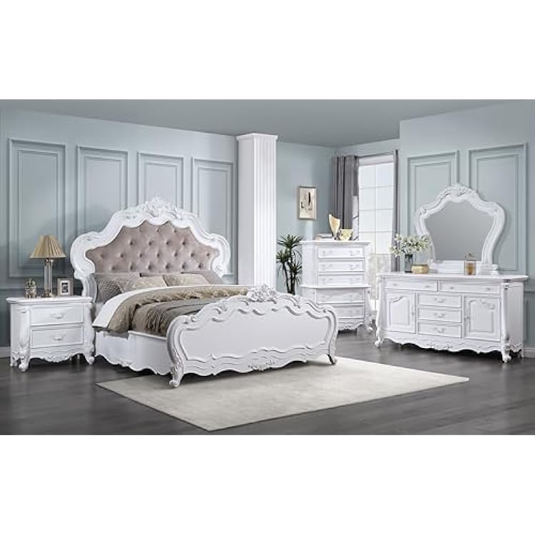 Acme Latisha Wood Rectangular Mirror with Scroll Carving Details in White