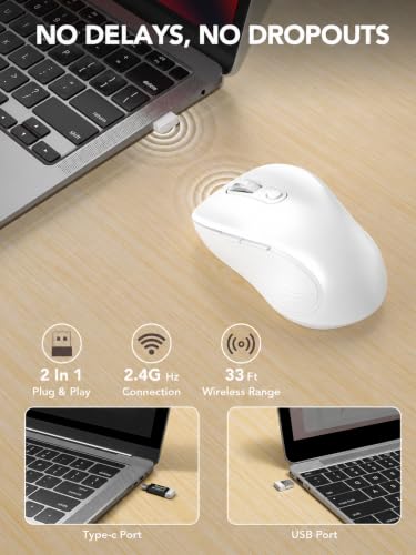 Image of Trueque Wireless Mouse for Laptop, Ergonomic 6-Button Mouse, Pure White | 2.4GHz USB receiver, back /forward buttons, 3 adjustable DPI levels, silent clicks, USB-C adapter, Windows /Mac /Chrome OS /Linux