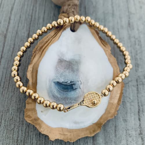 Sportybella Tennis Racket Charm Gold Bead Layered Bracelets for Women,18K Gold Plated Beaded Ball Chain Bracelets for Women, Teens, Girls Stackable Stretch Elastic Gold Bracelets4