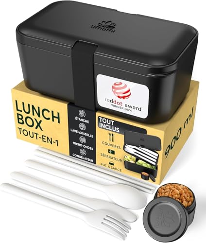 Umami - Umami Bento Lunch Box, Couverts & Pots à Sauce Inclus, Boîte Repas Encastrable, Lunchbox Micro-Ondable, Boîte à Lunch Adulte Compartimentée, Bento Box, Noir Onyx, 900 ml