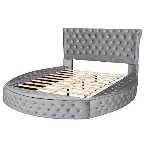 Merax Platform Bed, Upholstered Round Shape Bed Frame With Storage Space On Both Sides, Button Tufted Headboard, Footboard, Frame And Slats, No Box Spring Needed, Queen Size, Gray #TOP5