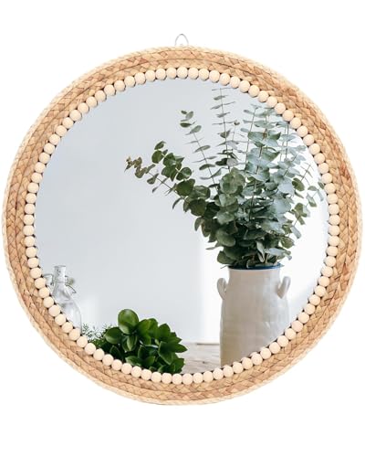Boho Round Hanging Rattan Circle Nursery Mirror, Decorative Wall Decor
