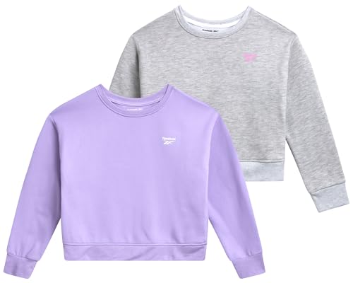 Reebok Girls Sweatshirt - 2 Pack Cropped Pullover Fleece Crewneck Sweatshirt for Girls Long Sleeve Casual Fashion Tops, Size 7, Purple/Grey