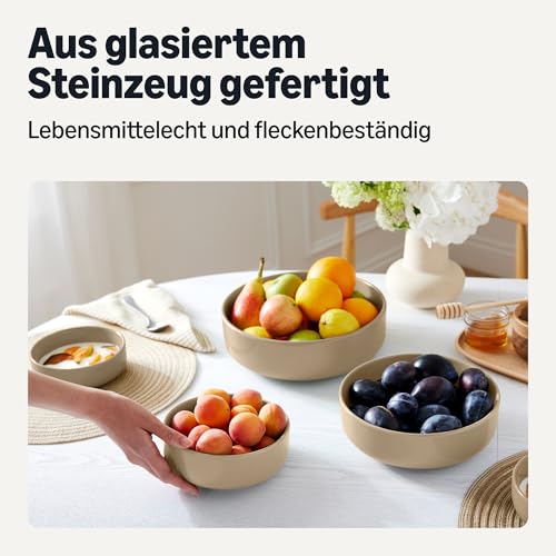 Amazon Basics Glasierte Steinzeug-Servierschalen, 3-Teiliges Set, Spülmaschinenfest, Leinengrau
