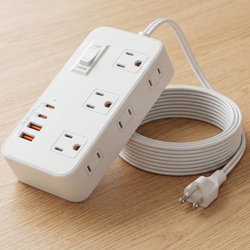 Extensión eléctrica estándar US con 6 tomas, puertos Tipo C y USB, cable de 1.5 m, estación de carga inteligente portátil para hogar y oficina, blanco miniatura 1