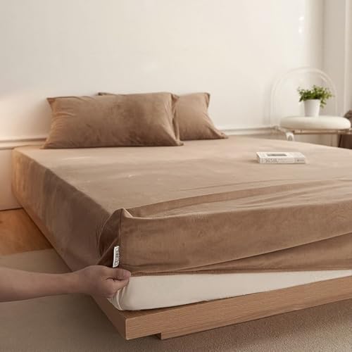 Lirzxin Sábana bajera ajustable tamaño queen, color café claro, 1 pieza, 12 pulgadas de profundidad, de terciopelo de color sólido, con dos fundas de almohada, resistente al encogimiento y a la