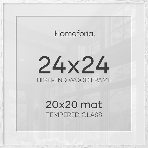 Image of Homeforia 24x24 White Picture Frame, High End Oak 24 x 24 Square Wood Frames with Mat 20 by 20 inches Photo, 24by24 White Wooden Poster Frames Matted to 20x20 Print, Tempered Glass, Wall Kit, Set of 1