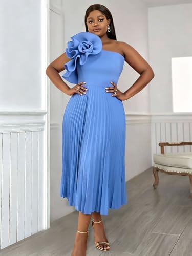 Image of AOMEI Women's One Shoulder 3D Flower Sleeveless High Waist Pleated A Line Long Dress Party Summer
