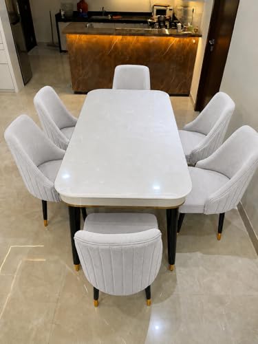 Image of WOODEN SPACE 6-Seater Wooden Dining Table Set | Nano Composite Marble Top | Solid Wood Base | Modern Dining Room Furniture with 6 Chairs (Light Grey Infinity Backline)