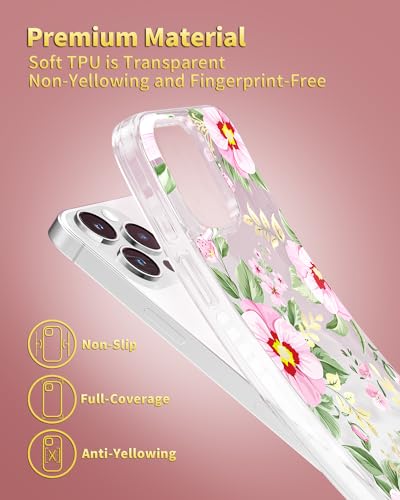 Coque iPhone 15 Pro antichoc à fleurs avec bordures dorées