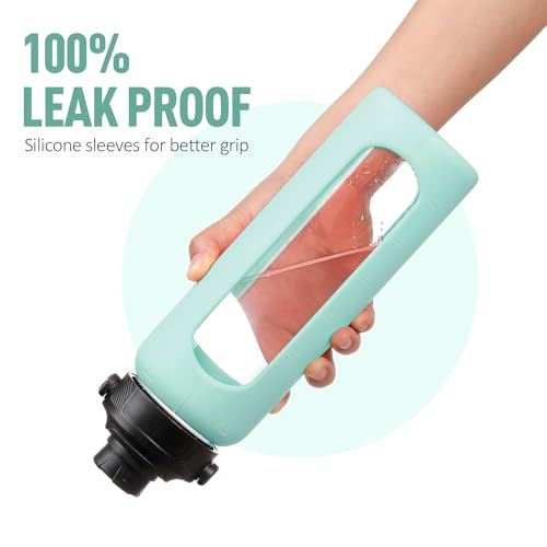 Image of 24oz Glass Water Bottle with Straw and 2 Lids, Mint Green | Bamboo and Spout Lid, Non-slip Silicone Sleeve, with Motivational Time Marker, for Gym, Sports, BPA Free & Cupholder Friendly