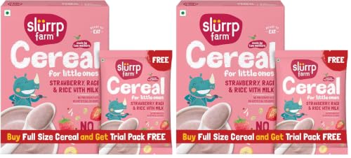 Image of Slurrp Farm No Added Sugar Instant Cereal | Ragi, Rice and Strawberry with Milk | Free Strawberry Cereal Trial Pack | 200g + Free 50g (Pack of 2)