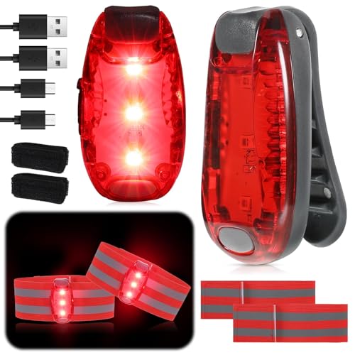 2 Rote LED Blinklicht USB Aufladbar, LED Sicherheitslicht mit Clip und Reflektierendem Ban für Schulranzen, Läuft, Zu Fuß, Hund, 3 Modi