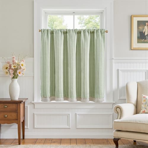 jinchan Double Layer Striped Linen Kitchen Tier Curtain Rustic Cafe for Living Room Bathroom Half Window Curtain Light Filtering Rod Pocket 1 Panel 36 Inch Sage Green by jinchan - Used condition - US$14.07