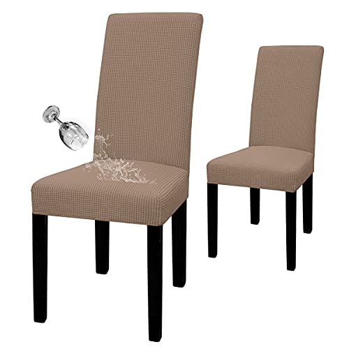 Easy-Going 100% Waterproof Dining Room Chair Cover Set of 2, Stretch Jacquard Parson Chair Slipcover Removable Washable Chair Protector for Home, Restaurant, Banquet (Large, Camel)