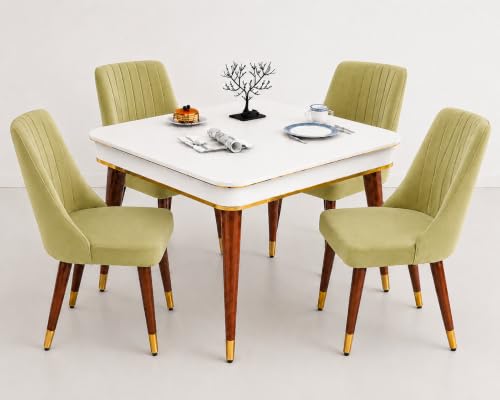 Image of WOODEN SPACE 4 Seater Wooden Dining Table Set | Urban Marble Top Dining Table with Chairs for Dining Room & Kitchen (Modern Frontline Light Green) (42 x 42 x 30 inch)