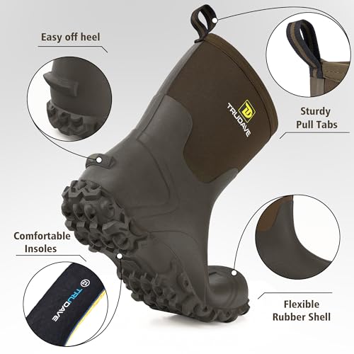 Image of Trudave Rubber Boots for Men, 6mm Neoprene Insulated Mud Boots with Steel Shank, Men's Mid Calf Waterproof Rain Boots,Anti-Slip Rubber Work Boots for Farming Gardening Fishing,Size 7-13