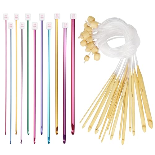 Image of Aeelike Tunisian Crochet Hooks Set with Cable, 11PCS Aluminum Tunisian Crochet Hook 2-8 mm Colorful & 12 PCS Wood Afghan Crochet Hooks 3.5-12 mm, Smooth-Long for Beginners