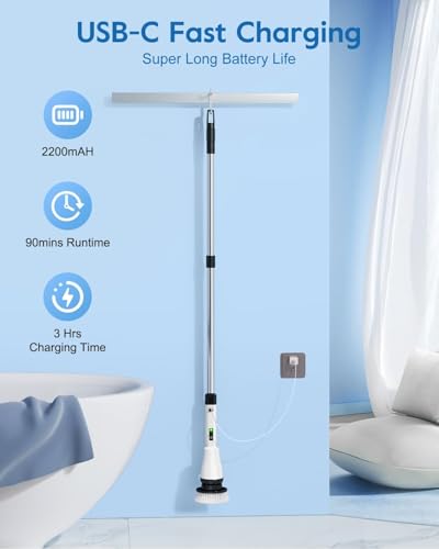 GiveBest Cordless Electric Spin Scrubber - Long Handle Bathroom and Kitchen Cleaner with 7 Heads and Dual Speed