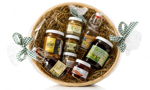 Allgäuer Delikatessen Geschenkkorb | Feinkost Geschenkset mit Dunkelbier-, Bergkräuter-, Feigen- und Bärlauchsenf, Wald Honig, Chili Aufstrich, Enzian- und...