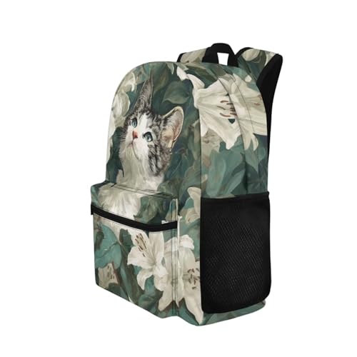 Cat in Lilies Print Kids Backpack with Animal Design School Bookbag for Students Boys Girls2
