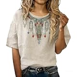 Camisas Mujer Verano Algodón y Lino Manga Corta Vintage Bordado Casual Camiseta Boho Frescos Transpirable Elegantes Moda Cómodos T-Shirt Tallas Grandes Holgada Original Fiesta Tops tee