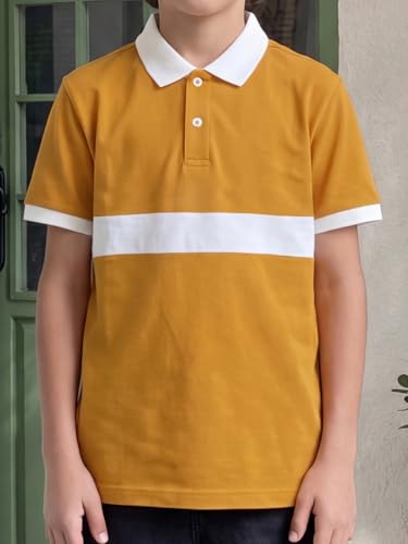 Image of Li'l Tomatoes Boys Polo T-Shirt 100% Cotton Pique Tee | Color Block Stripe Printed Collar Neck T-Shirt | Soft & Breathable Casual Summer Wear | Half Sleeve Stylish Polo Tee | Mustard | 9-16 Years