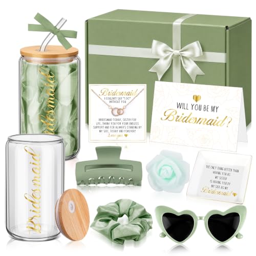 Junkin Bridesmaid Proposal Gifts Will You Be My Bridesmaid Box Set Maid of Honor Gift Bridal Shower Include 16 oz Glass Cup, Necklace, Jewelry Dish, Claw Clip, Rose, Sunglasses, Scrunchie(Sage Green)