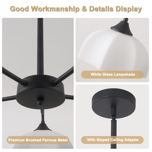 Image of Vintage Black Sputnik Chandelier 5-Light Metal Semi Flush Mount Chandelier Fixture with White Dome Glass Shade Modern Ceiling Pendant Lights for Living Room Bedroom