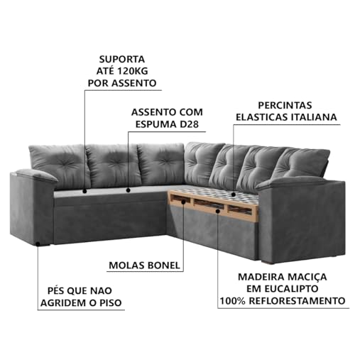 Sofá de Canto Retrátil 5 Lugares Veludo Cinza com Molas no Assento Selmer
