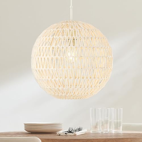 ELYONA 14" Modern Boho Pendant Light, Bohemian Woven Rattan Hanging Light Fixtures, Adjustable Globe Wicker Chandelier for Dining Room Living Room Kitchen Island Foyer Bedroom Hallway, Cream/White
