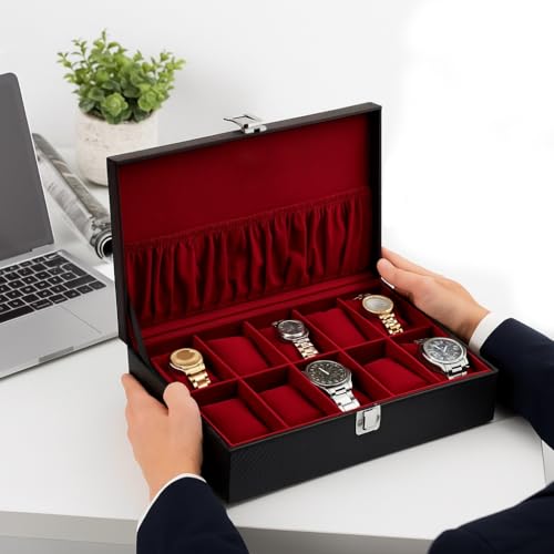 Image of Men's and Women's Watch Box Organiser-12 Slots in Leatherette and Suede (Cecelia)
